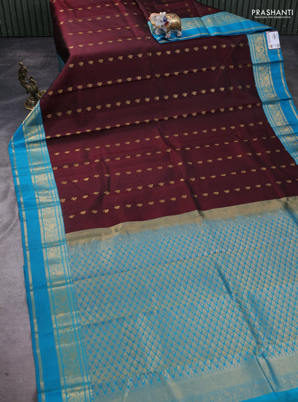 Pure kanchipuram silk saree maroon and cs blue with allover zari woven buttas and rettapet zari woven korvai border