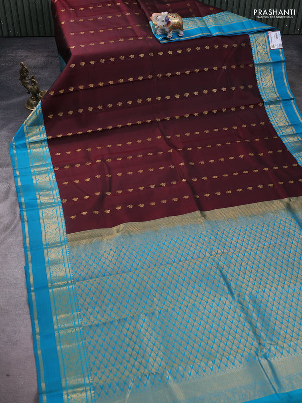 Pure kanchipuram silk saree maroon and cs blue with allover zari woven buttas and rettapet zari woven korvai border