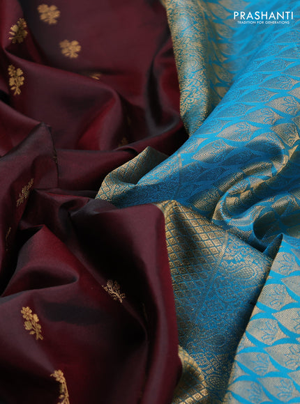 Pure kanchipuram silk saree maroon and cs blue with allover zari woven buttas and rettapet zari woven korvai border