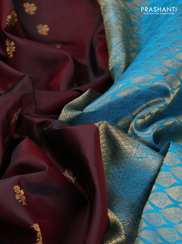 Pure kanchipuram silk saree maroon and cs blue with allover zari woven buttas and rettapet zari woven korvai border