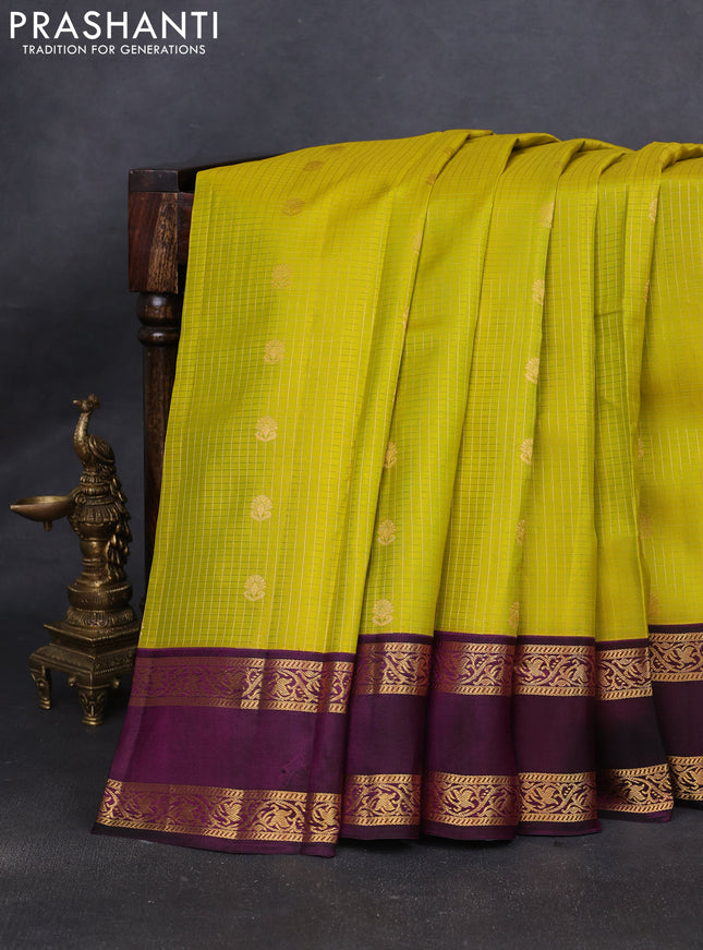 Pure kanchipuram silk saree lime yellow and purple with allover zari checks & buttas and rettapet zari woven korvai border