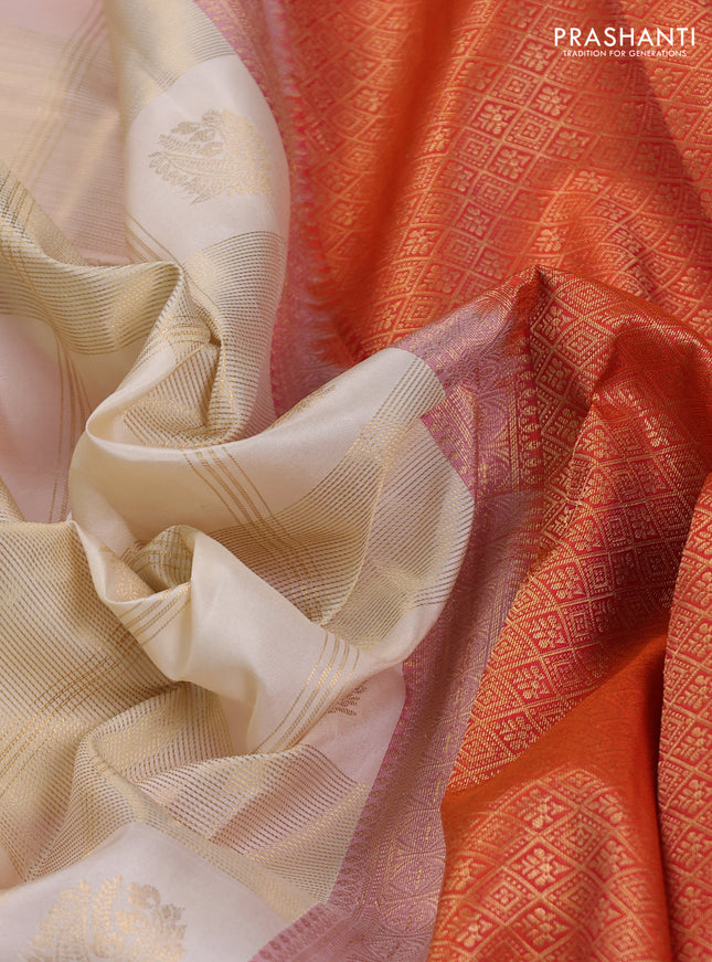 Pure kanchipuram silk saree cream and orange with allover zari checks & buttas and rich zari woven korvai border