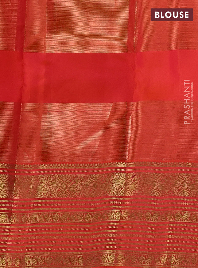 Pure kanchipuram silk saree cream and orange with allover zari checks & buttas and rich zari woven korvai border