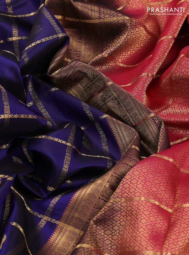 Pure kanchipuram silk saree blue and pink with allover zari checks & buttas and rettapet zari woven korvai border
