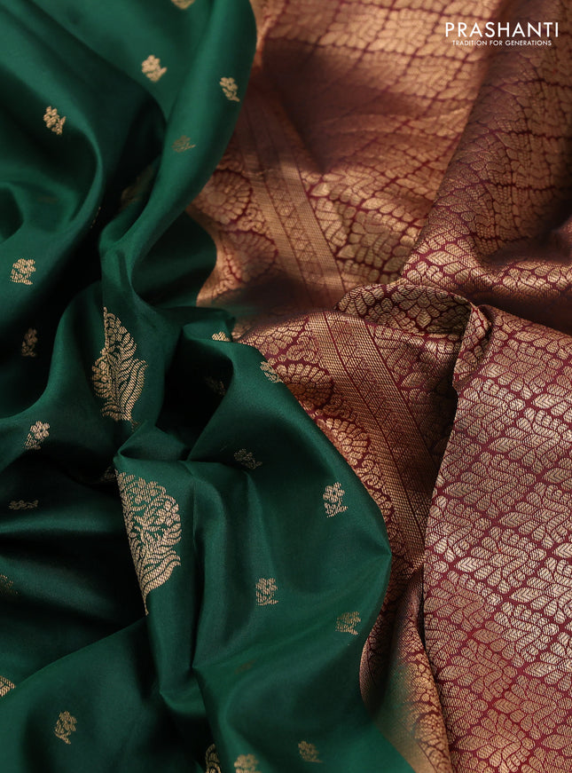Pure kanchipuram silk saree dark green and maroon with zari woven buttas and long zari woven border