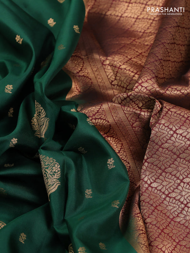 Pure kanchipuram silk saree dark green and maroon with zari woven buttas and long zari woven border
