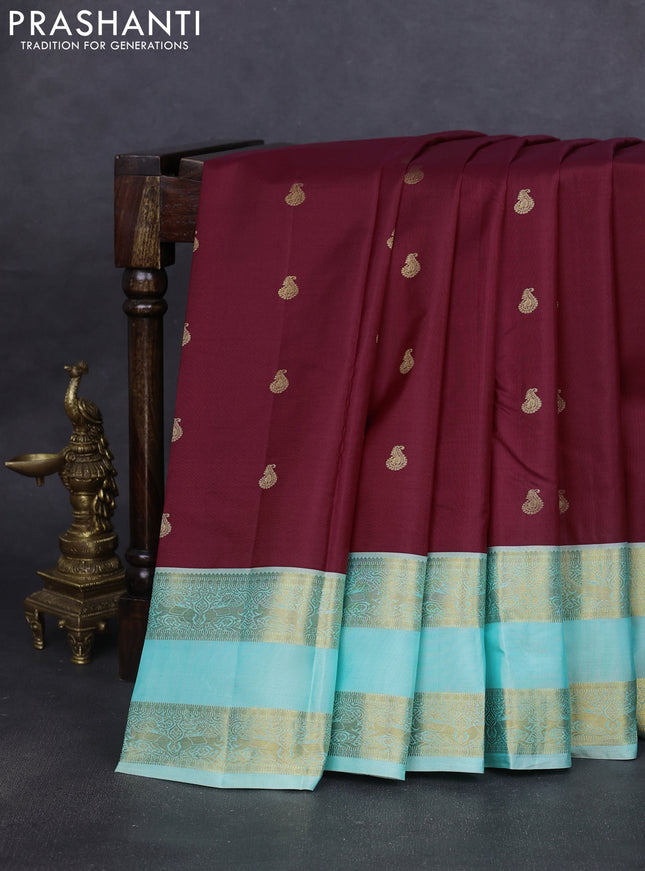 Pure kanchipuram silk saree maroon and teal blue with zari woven buttas and long rettapet zari woven border