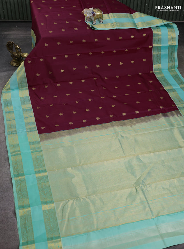 Pure kanchipuram silk saree maroon and teal blue with zari woven buttas and long rettapet zari woven border