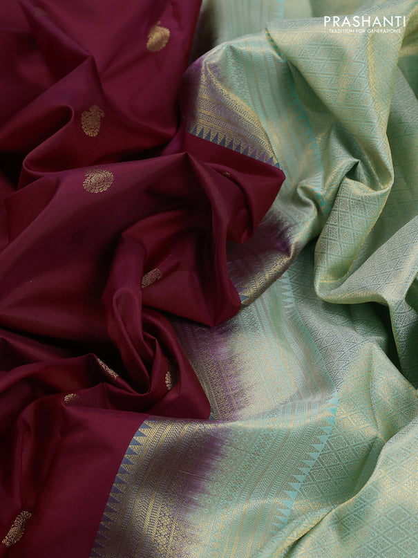 Pure kanchipuram silk saree maroon and teal blue with zari woven buttas and long rettapet zari woven border