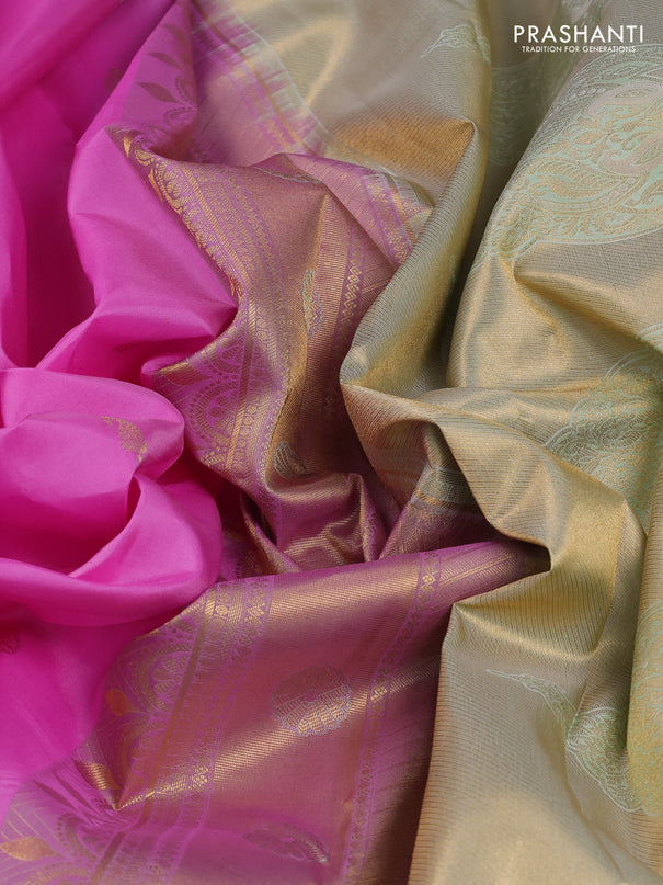 Pure kanchipuram silk saree lotus pink and mild pista green with zari woven buttas and long rettapet zari woven border