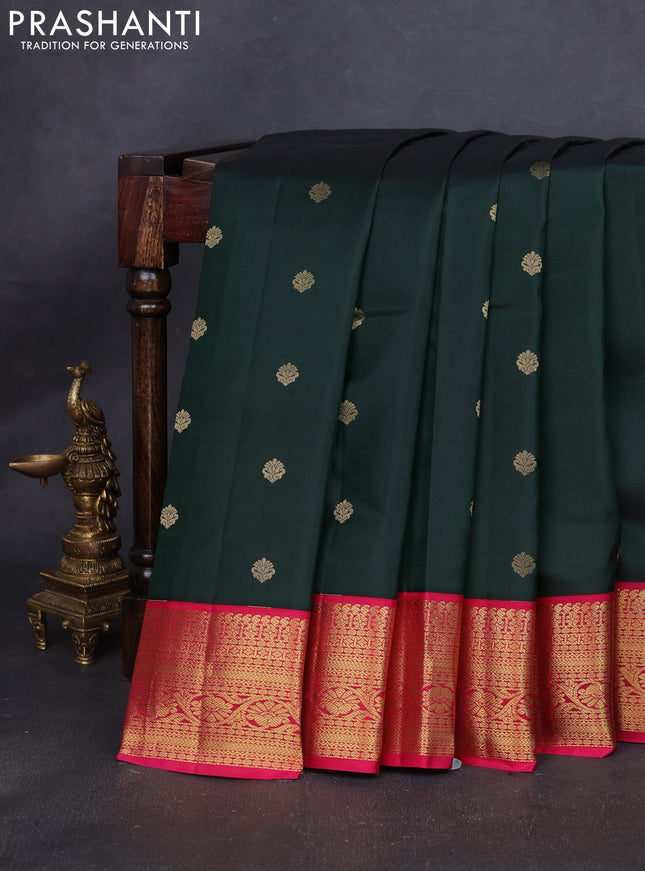 Pure kanchipuram silk saree bottle green and pink with zari woven buttas and rich zari woven korvai border
