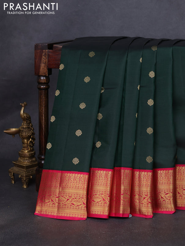 Pure kanchipuram silk saree bottle green and pink with zari woven buttas and rich zari woven korvai border