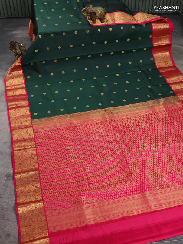 Pure kanchipuram silk saree bottle green and pink with zari woven buttas and rich zari woven korvai border