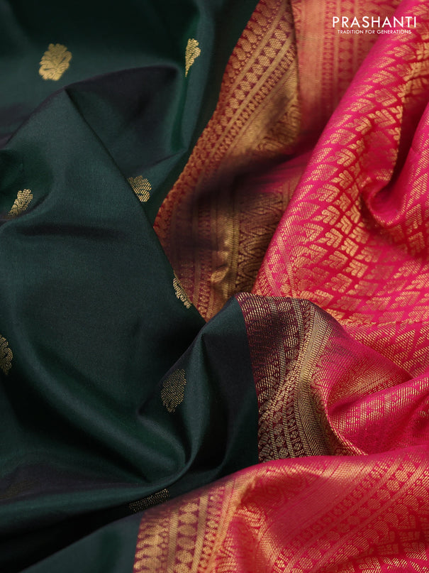 Pure kanchipuram silk saree bottle green and pink with zari woven buttas and rich zari woven korvai border