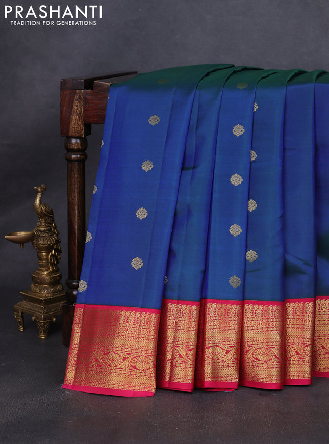 Pure kanchipuram silk saree dual shade of bluish green and pink with zari woven buttas and rich zari woven korvai border