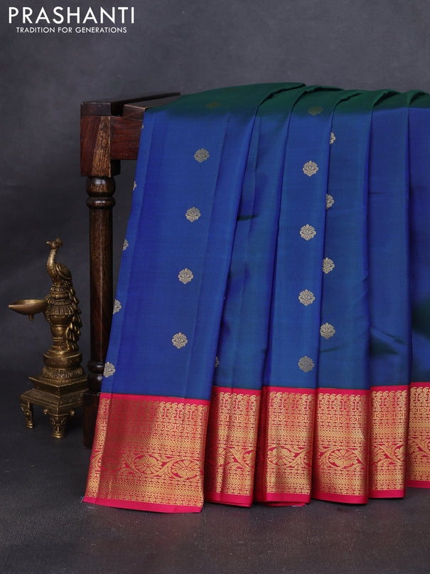 Pure kanchipuram silk saree dual shade of bluish green and pink with zari woven buttas and rich zari woven korvai border