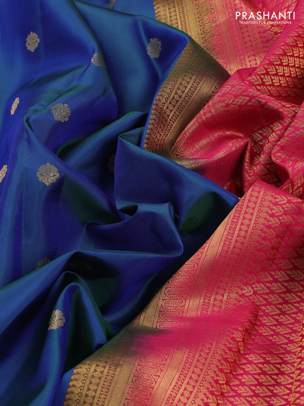 Pure kanchipuram silk saree dual shade of bluish green and pink with zari woven buttas and rich zari woven korvai border