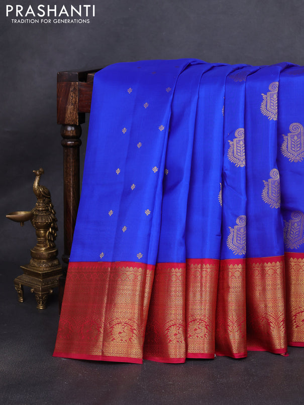 Pure kanchipuram silk saree royal blue and pink with zari woven buttas and rich zari woven korvai border