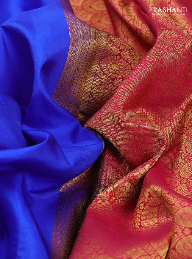 Pure kanchipuram silk saree royal blue and pink with zari woven buttas and rich zari woven korvai border