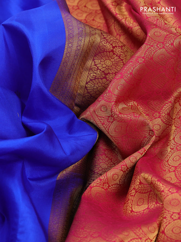 Pure kanchipuram silk saree royal blue and pink with zari woven buttas and rich zari woven korvai border