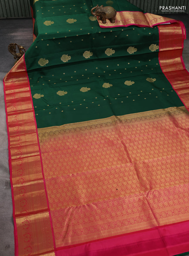 Pure kanchipuram silk saree green and pink with zari woven buttas and rich zari woven korvai border