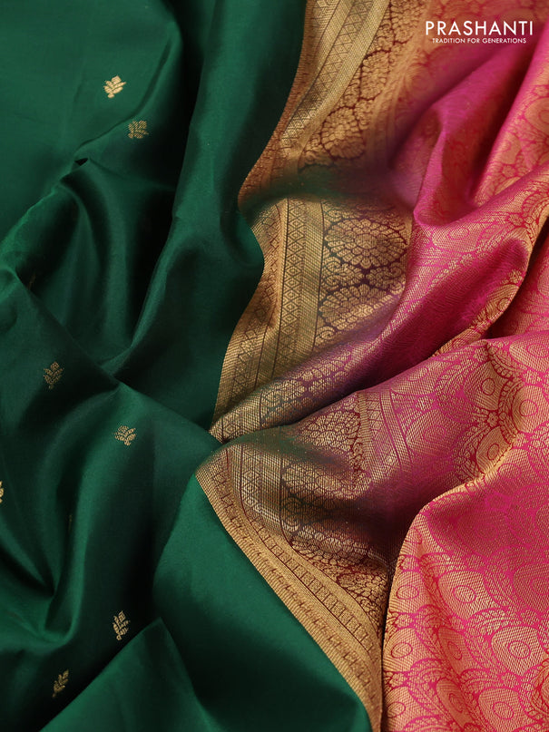 Pure kanchipuram silk saree green and pink with zari woven buttas and rich zari woven korvai border