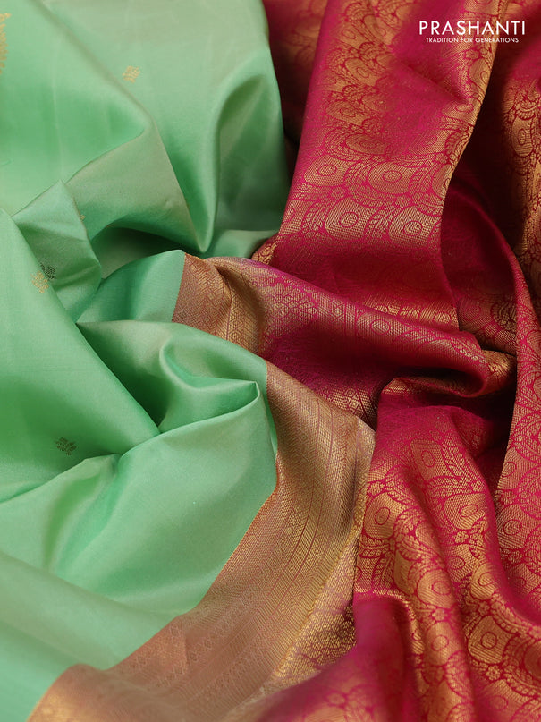 Pure kanchipuram silk saree pista green and reddish pink with zari woven buttas and rich zari woven korvai border