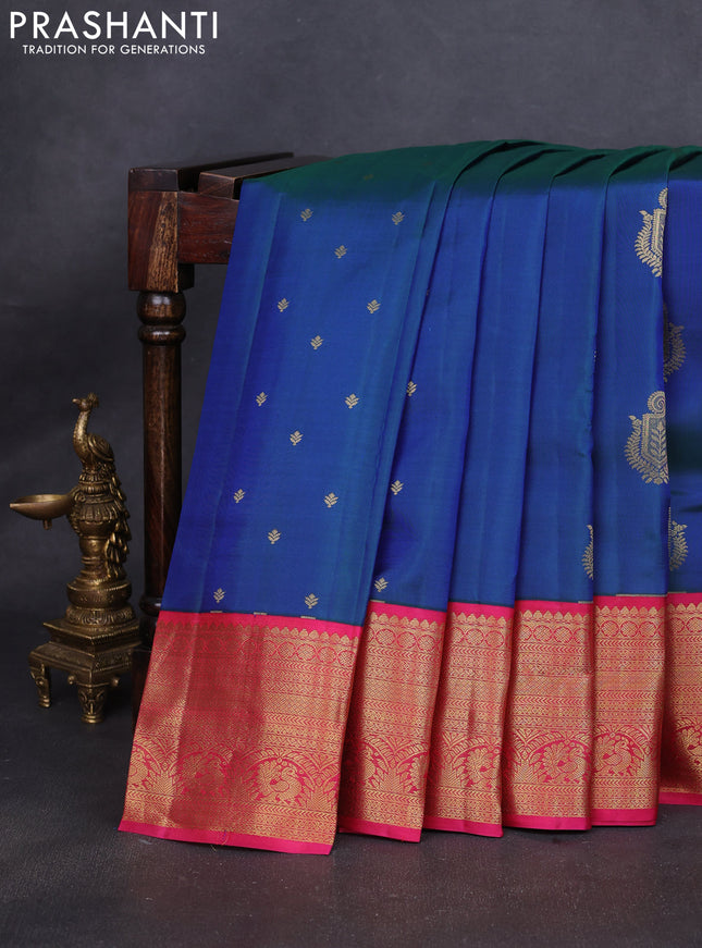 Pure kanchipuram silk saree dual shade of bluish green and pink with zari woven buttas and rich zari woven korvai border