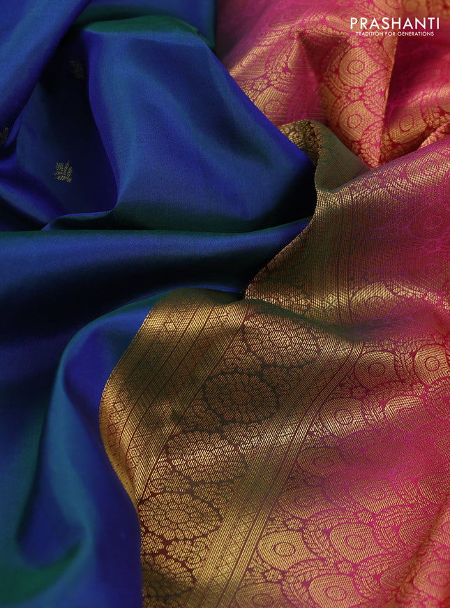 Pure kanchipuram silk saree dual shade of bluish green and pink with zari woven buttas and rich zari woven korvai border