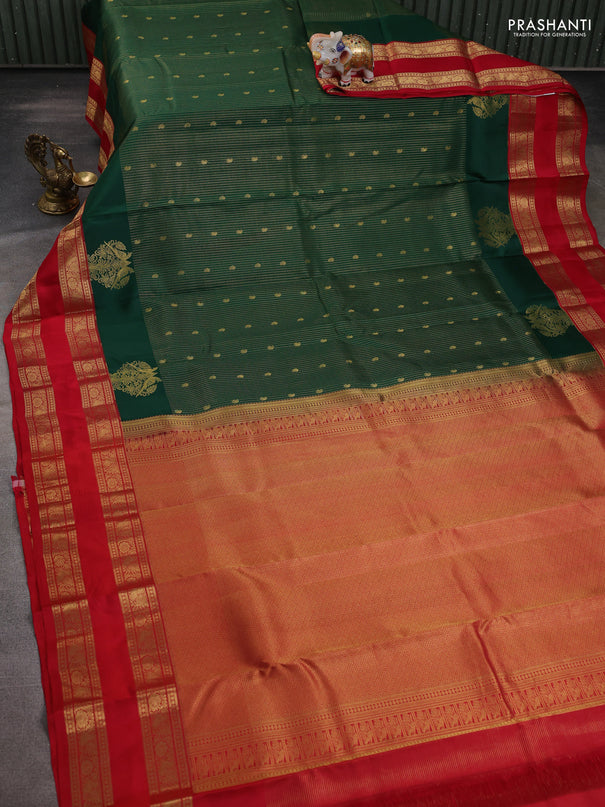 Pure kanchipuram silk saree bottle green and pink with allover small zari checks & buttas and rettapet zari woven border