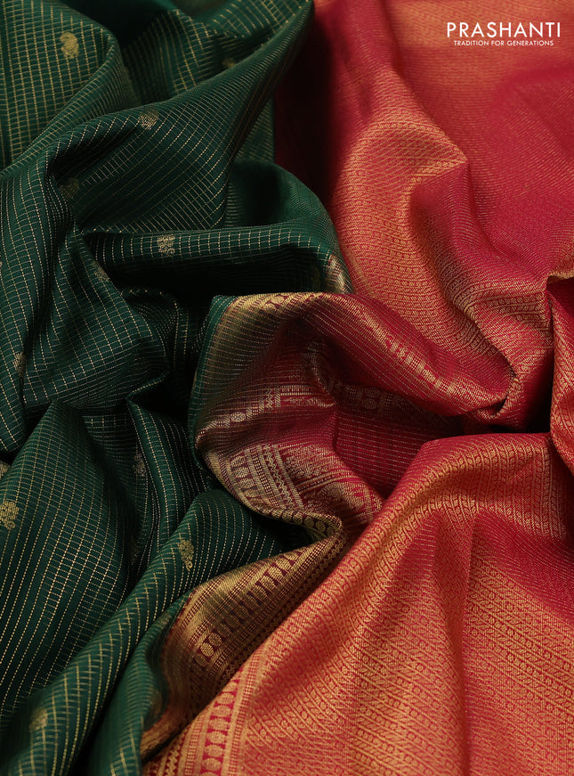 Pure kanchipuram silk saree bottle green and pink with allover small zari checks & buttas and rettapet zari woven border