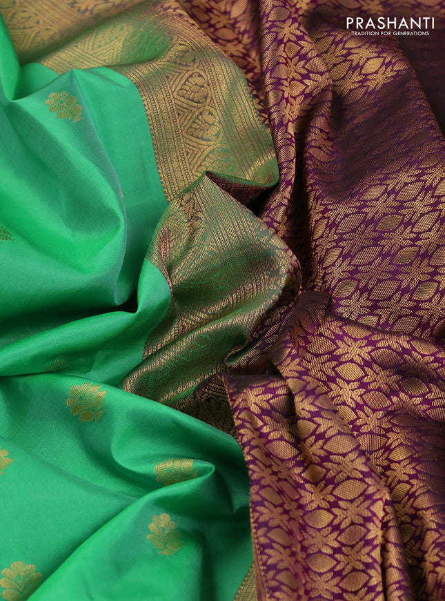 Pure kanchipuram silk saree teal green and purple with zari woven buttas and rich zari woven korvai border