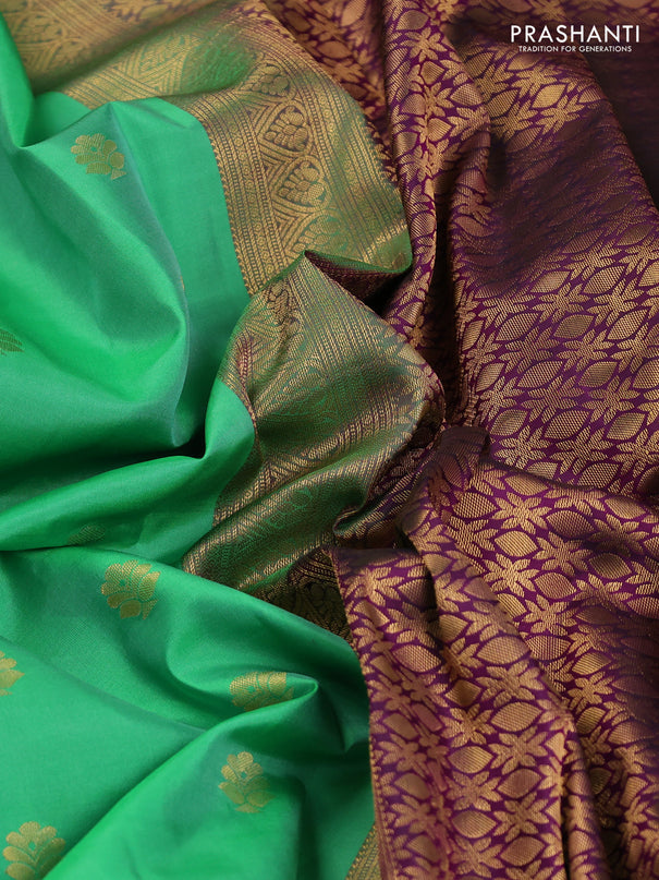 Pure kanchipuram silk saree teal green and purple with zari woven buttas and rich zari woven korvai border