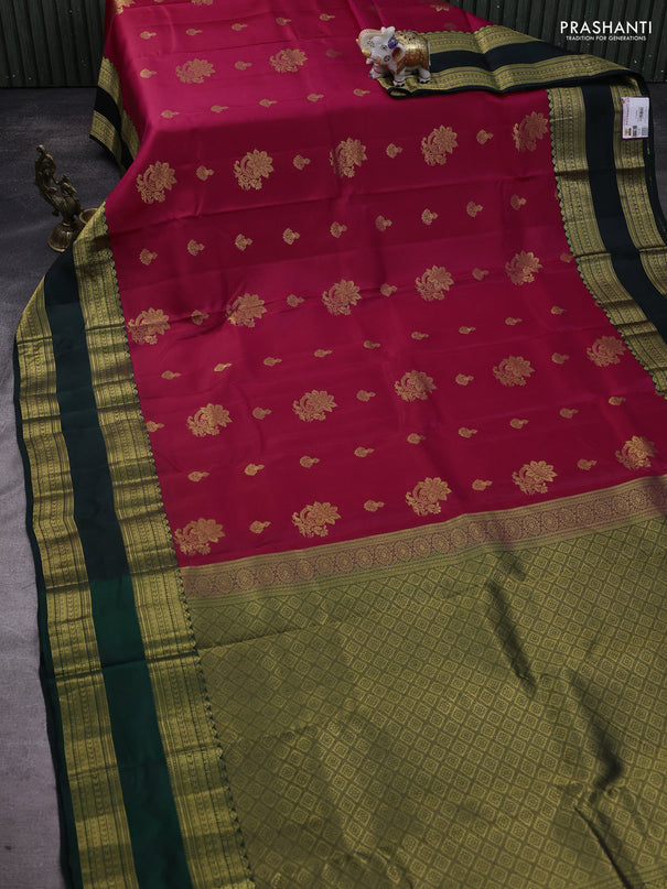 Pure kanchipuram silk saree pink and bottle green with zari woven buttas and rettapet zari woven korvai border