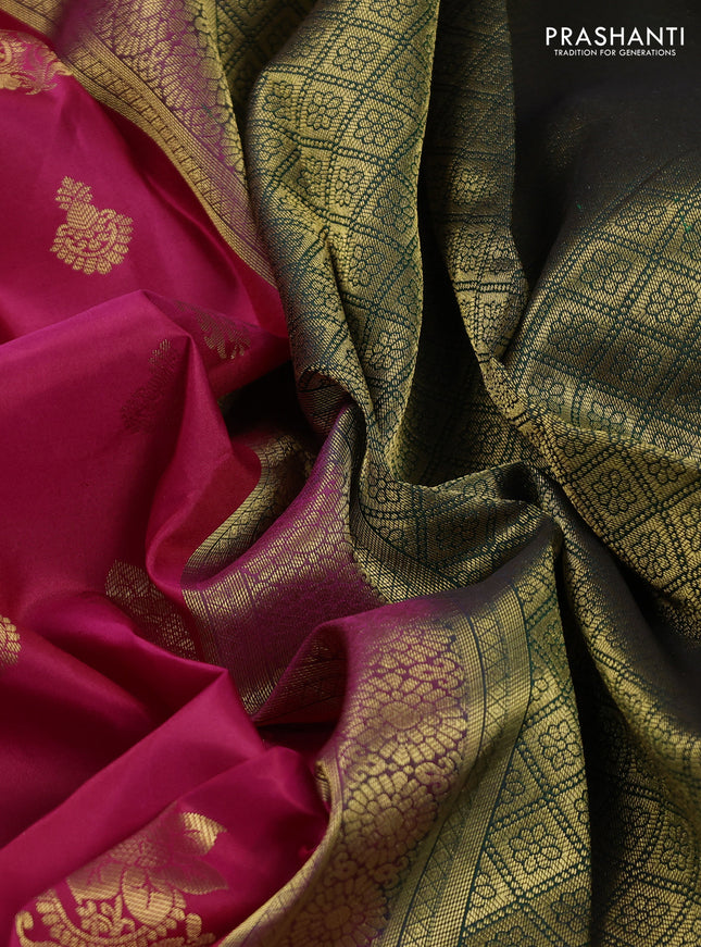 Pure kanchipuram silk saree pink and bottle green with zari woven buttas and rettapet zari woven korvai border