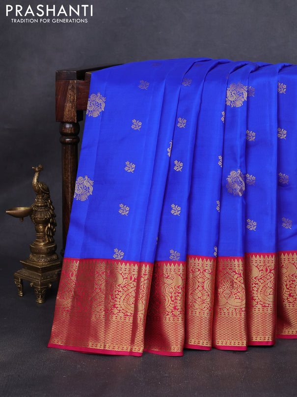 Pure kanchipuram silk saree blue and pink with zari woven buttas and rich zari woven korvai border