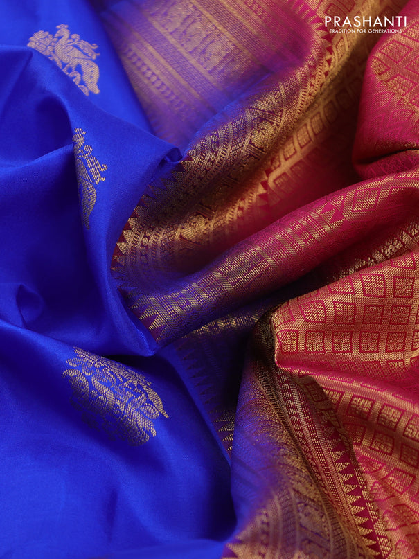Pure kanchipuram silk saree blue and pink with zari woven buttas and rich zari woven korvai border
