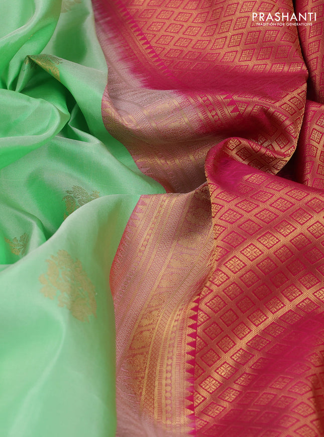 Pure kanchipuram silk saree pista green and pink with zari woven buttas and rich zari woven korvai border