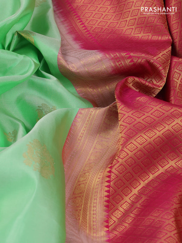 Pure kanchipuram silk saree pista green and pink with zari woven buttas and rich zari woven korvai border