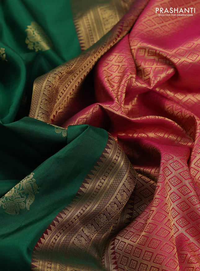 Pure kanchipuram silk saree green and pink with zari woven buttas and rich zari woven korvai border