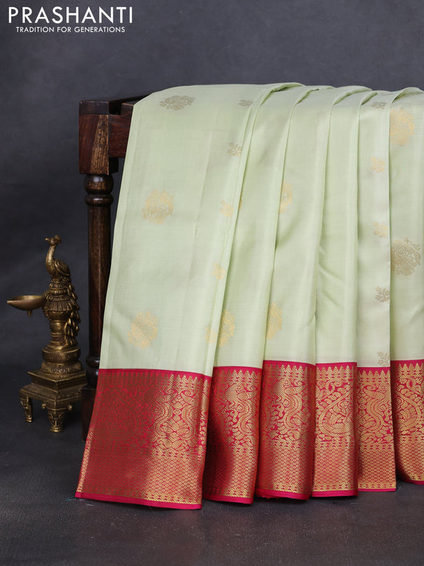 Pure kanchipuram silk saree mild pista green and pink with zari woven buttas and rich zari woven korvai border