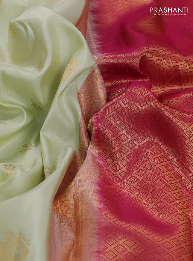 Pure kanchipuram silk saree mild pista green and pink with zari woven buttas and rich zari woven korvai border
