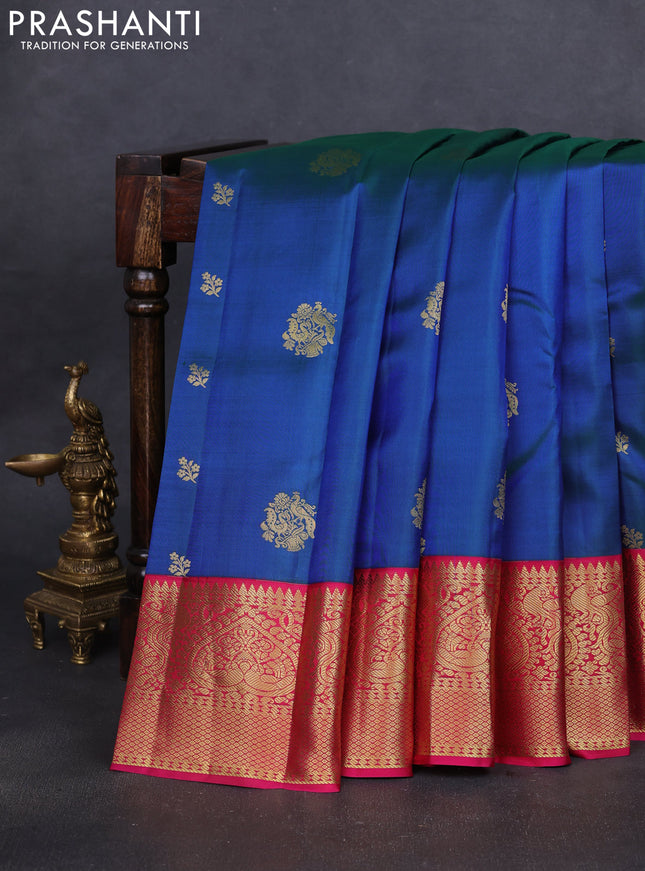 Pure kanchipuram silk saree dual shade of bluish green and pink with zari woven buttas and rich zari woven korvai border