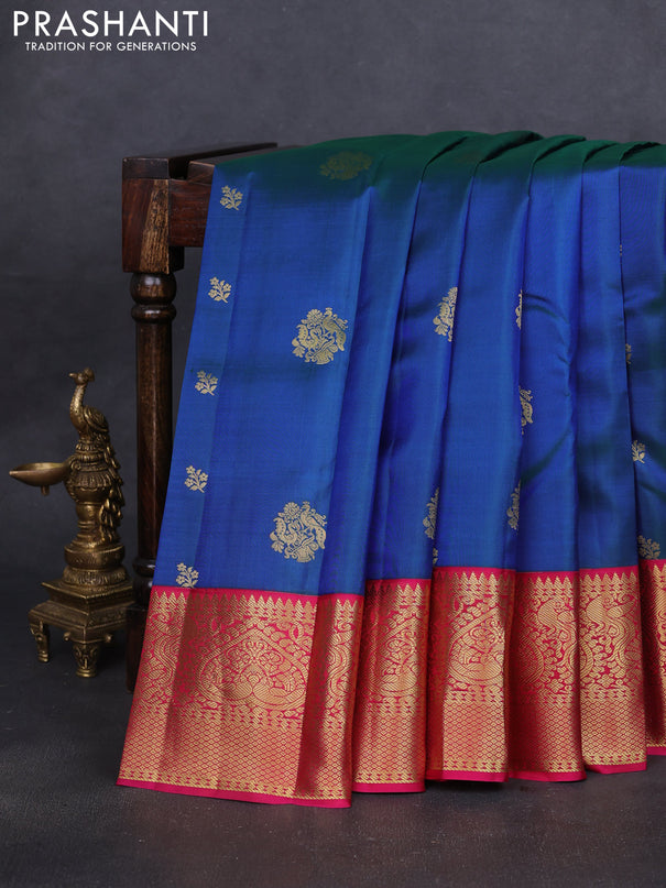 Pure kanchipuram silk saree dual shade of bluish green and pink with zari woven buttas and rich zari woven korvai border