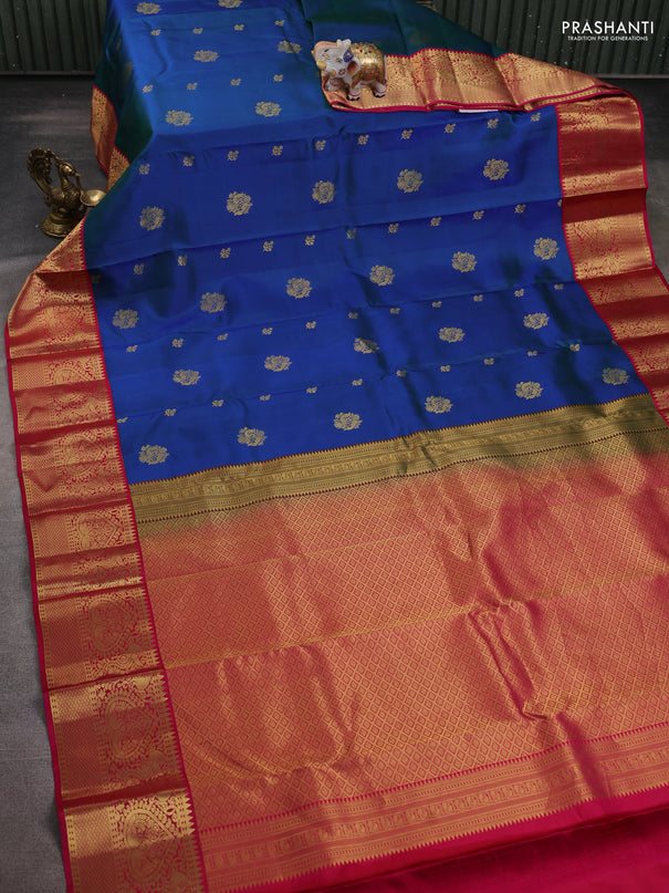 Pure kanchipuram silk saree dual shade of bluish green and pink with zari woven buttas and rich zari woven korvai border
