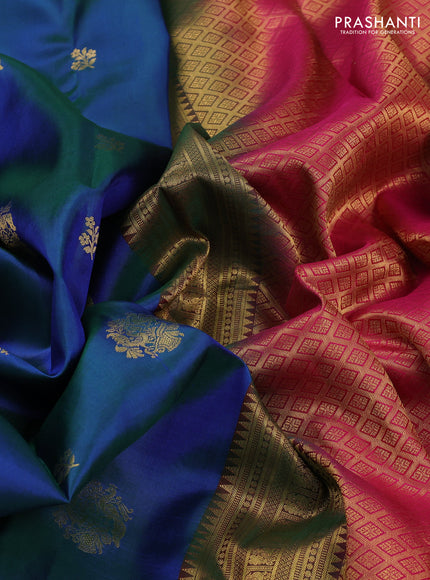 Pure kanchipuram silk saree dual shade of bluish green and pink with zari woven buttas and rich zari woven korvai border