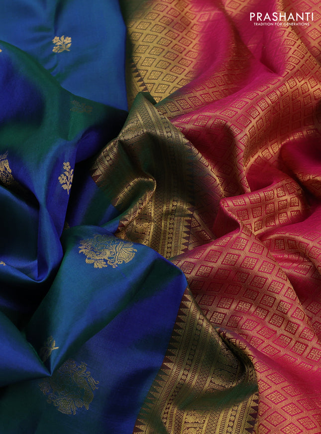 Pure kanchipuram silk saree dual shade of bluish green and pink with zari woven buttas and rich zari woven korvai border