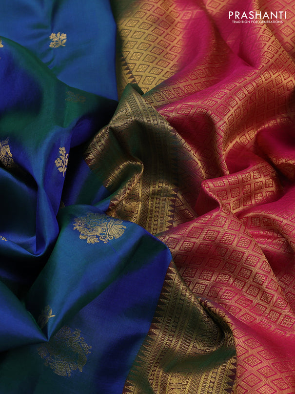Pure kanchipuram silk saree dual shade of bluish green and pink with zari woven buttas and rich zari woven korvai border