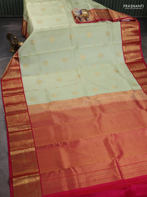 Pure kanchipuram silk saree mild pista green and pink with zari woven buttas and zari woven korvai border