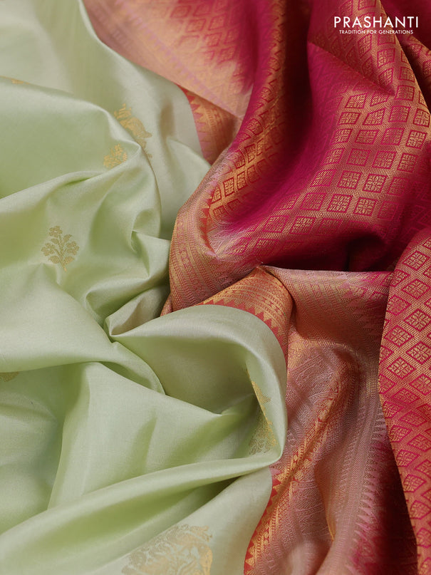 Pure kanchipuram silk saree mild pista green and pink with zari woven buttas and zari woven korvai border